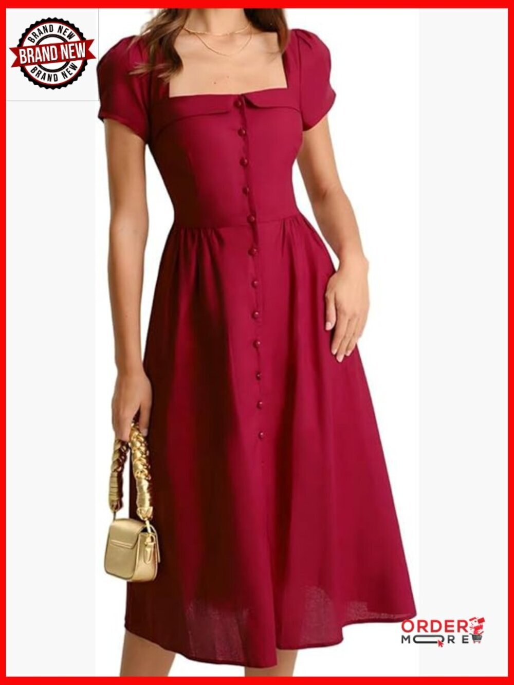 Short Sleeve Puff Square Neck A-Line Midi Dress Cotton Linen